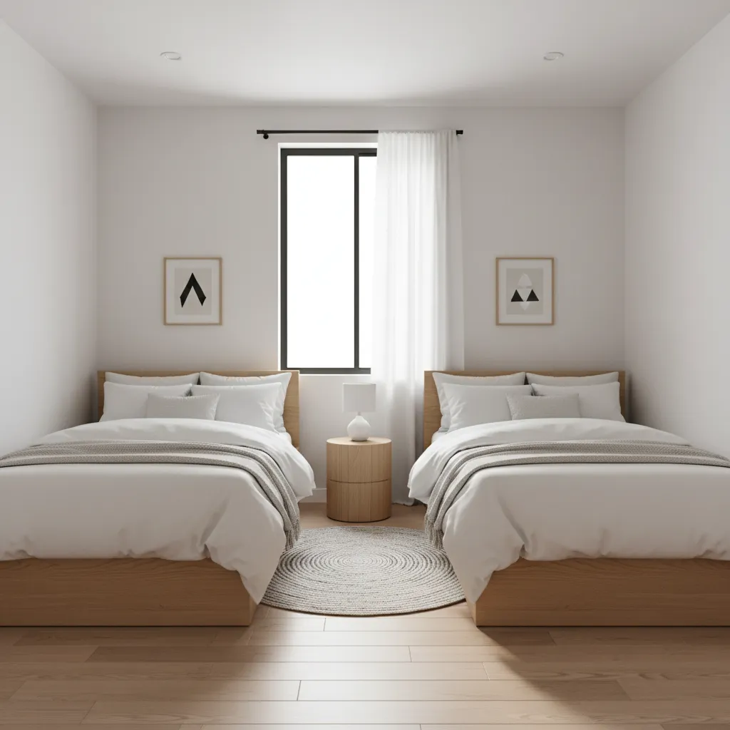 small bedroom with two twin beds arranged efficiently