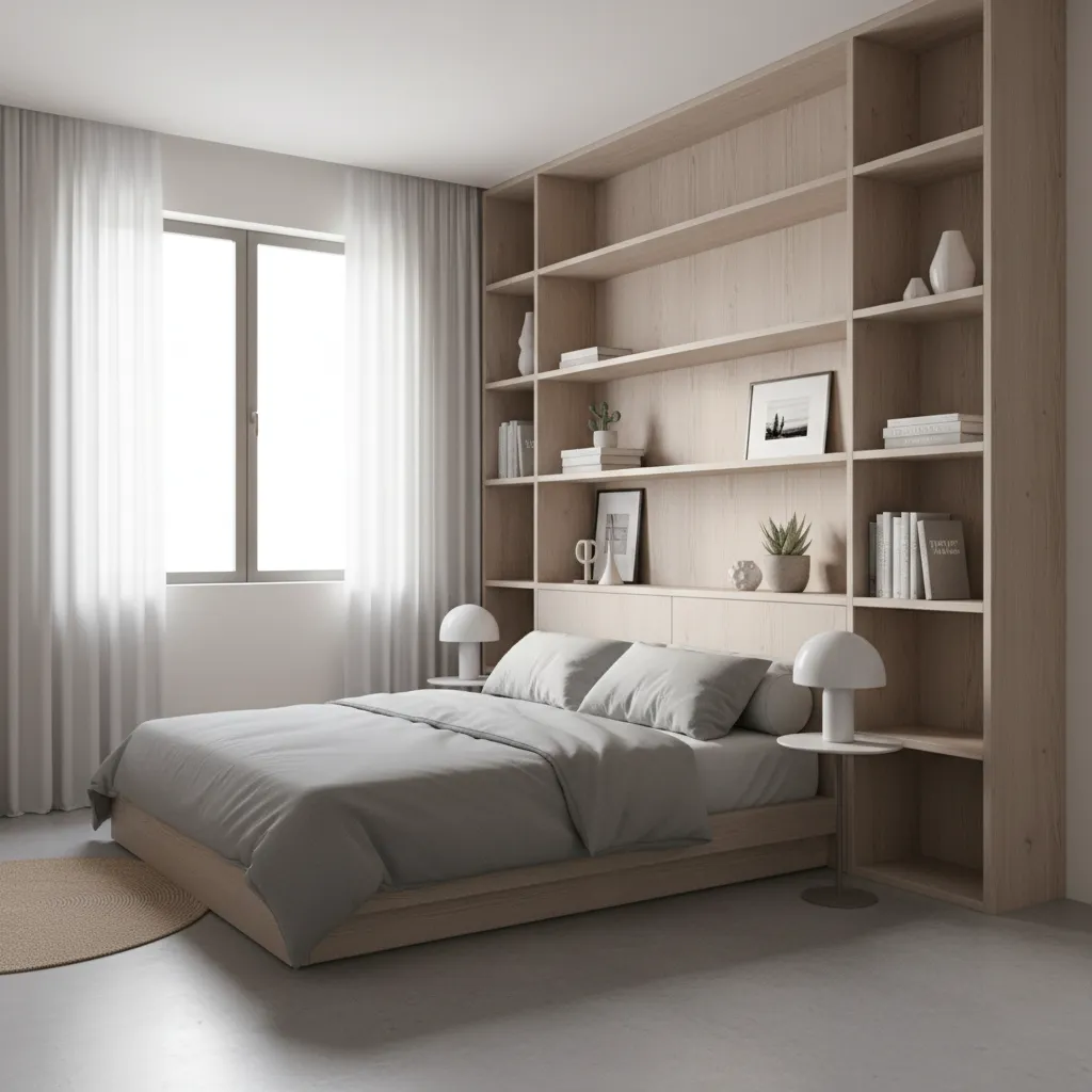 small 9x11 bedroom with tall shelving and organized wall storage