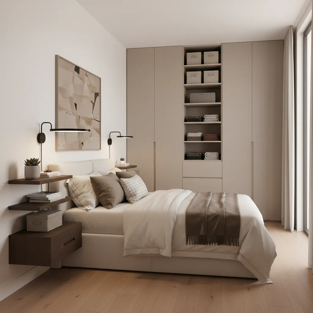 Small bedroom using wall lighting and vertical storage