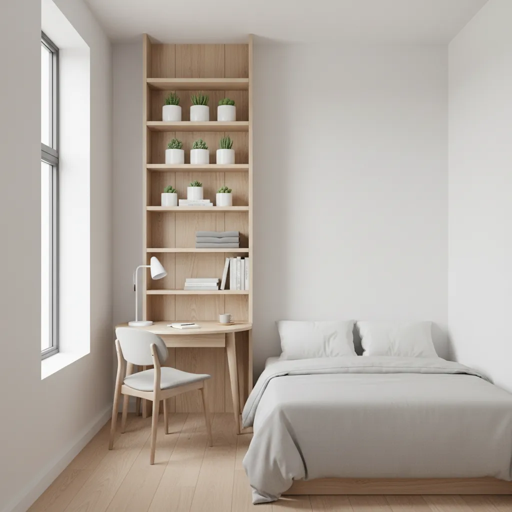 Small bedroom with vertical wall shelving above desk and bed