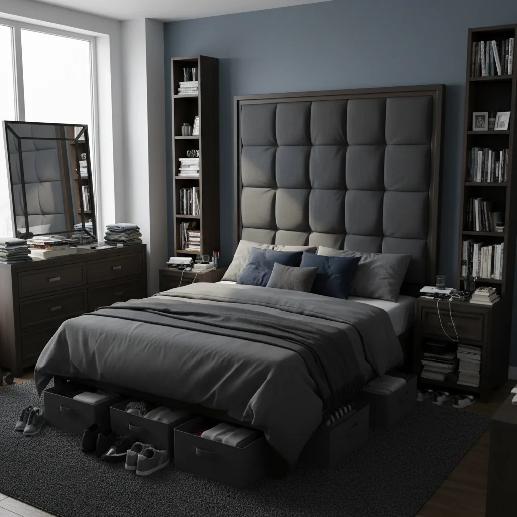Tiny bedroom showing bulky furniture and visual clutter making the space feel smaller