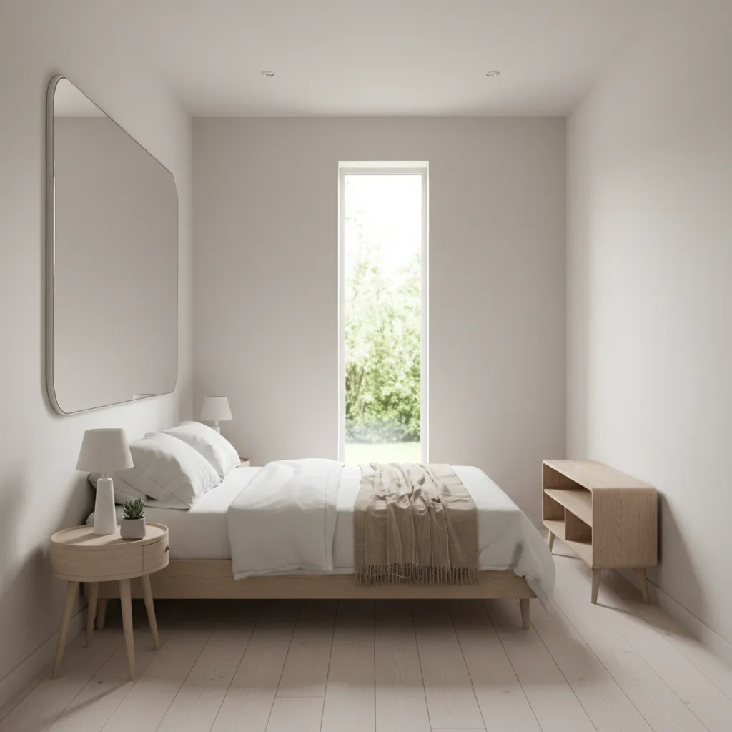 small bedroom with mirror and light colors making the room feel larger