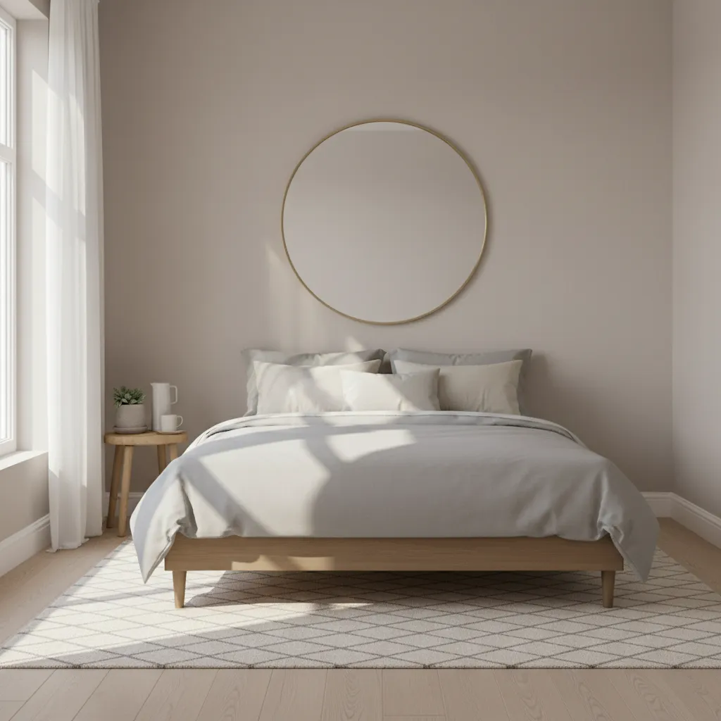 Small bedroom with mirror and light color palette making space appear larger