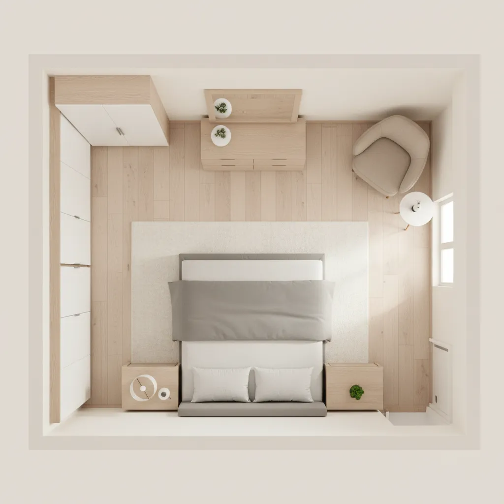 Bedroom layout highlighting walking clearance space around the bed