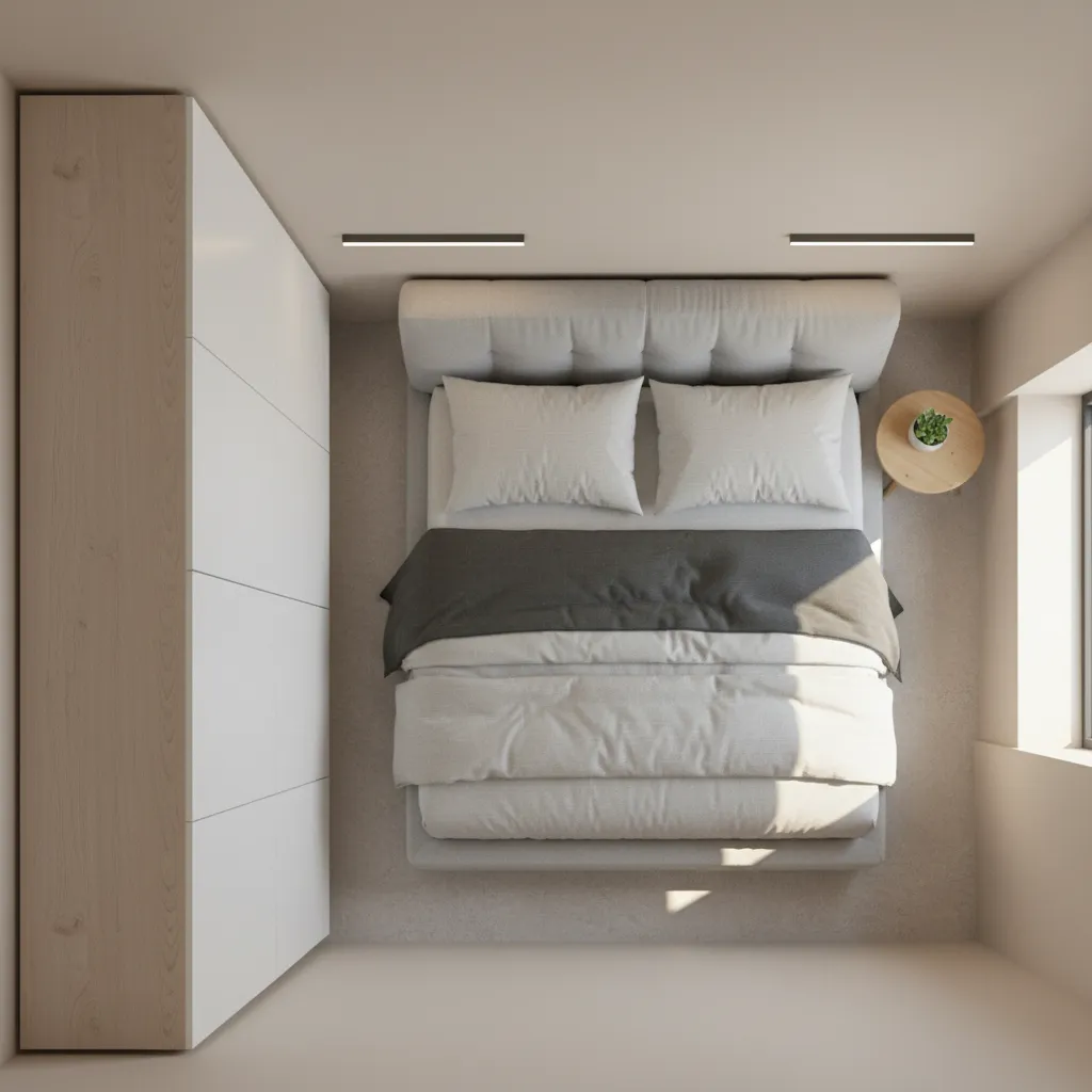 Small bedroom layout showing clear walking space beside the bed