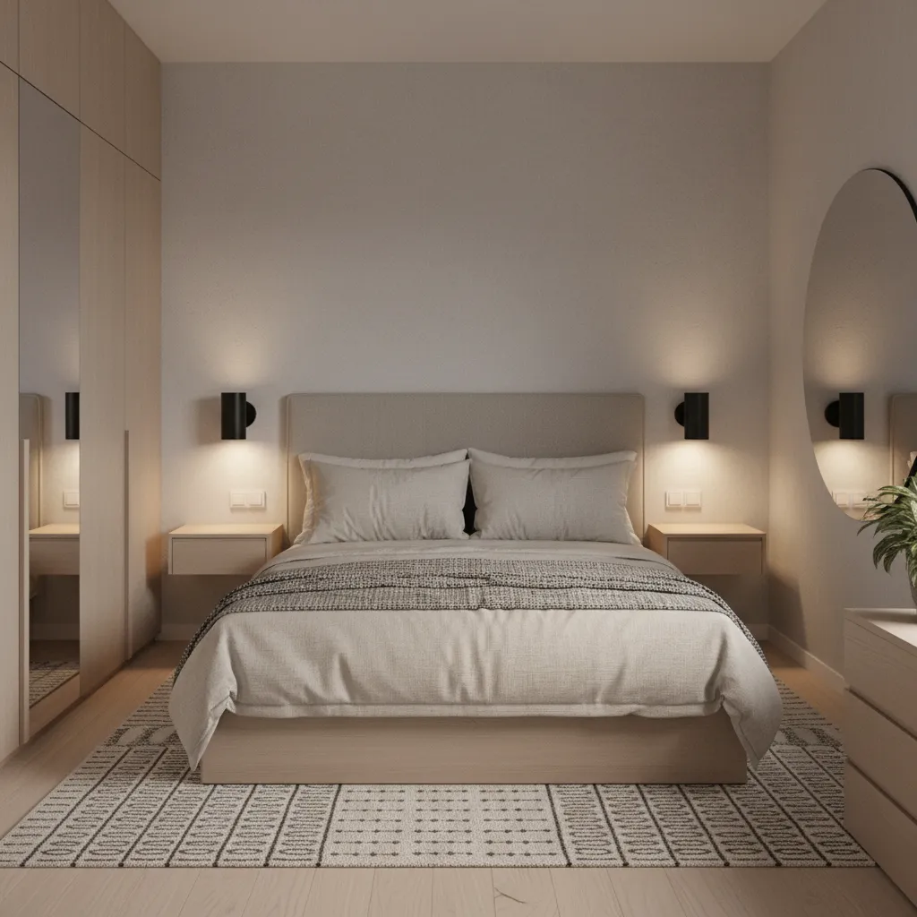 small bedroom with wall mounted lamps replacing bedside table lamps