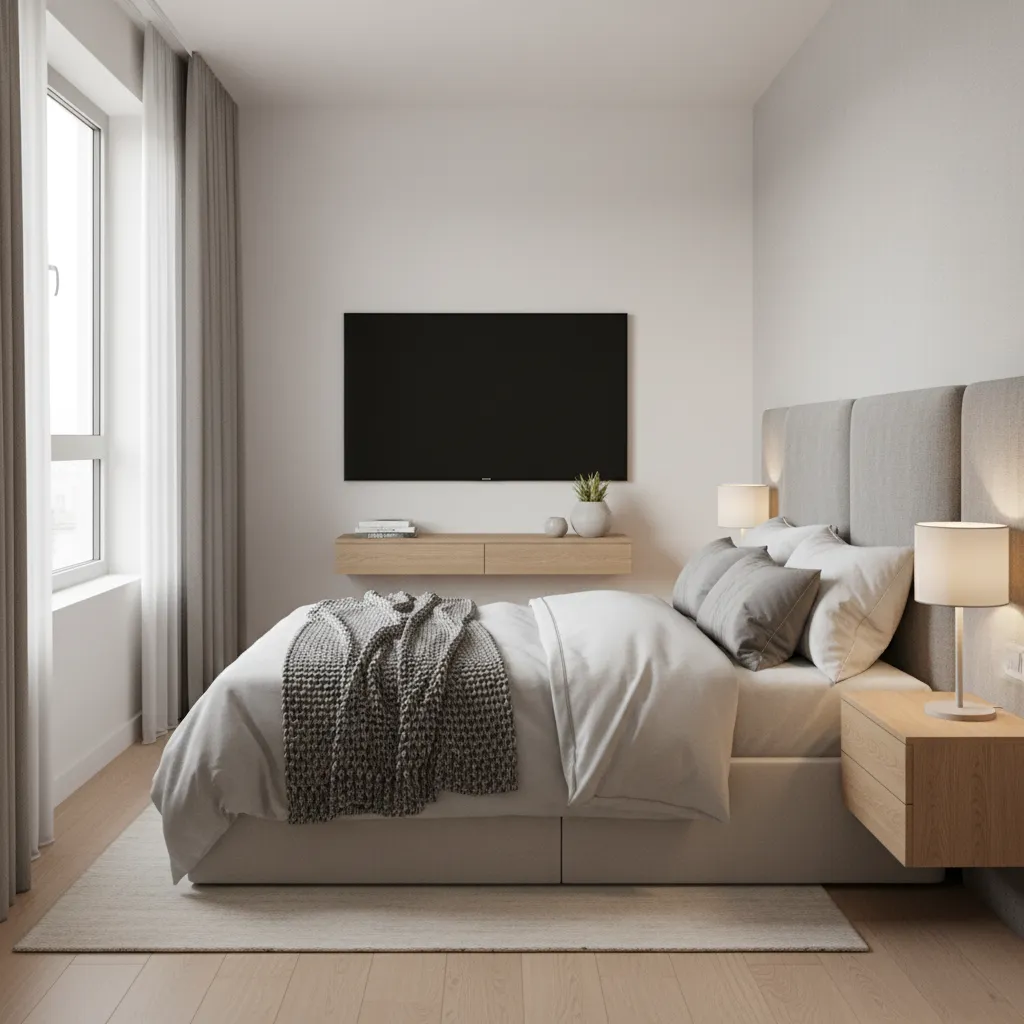 compact bedroom with wall mounted tv opposite bed modern apartment layout
