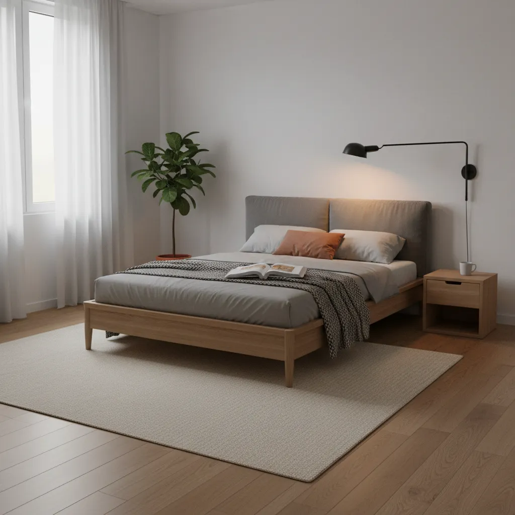 Small bedroom with compact nightstand and wall mounted reading lamp above the bed