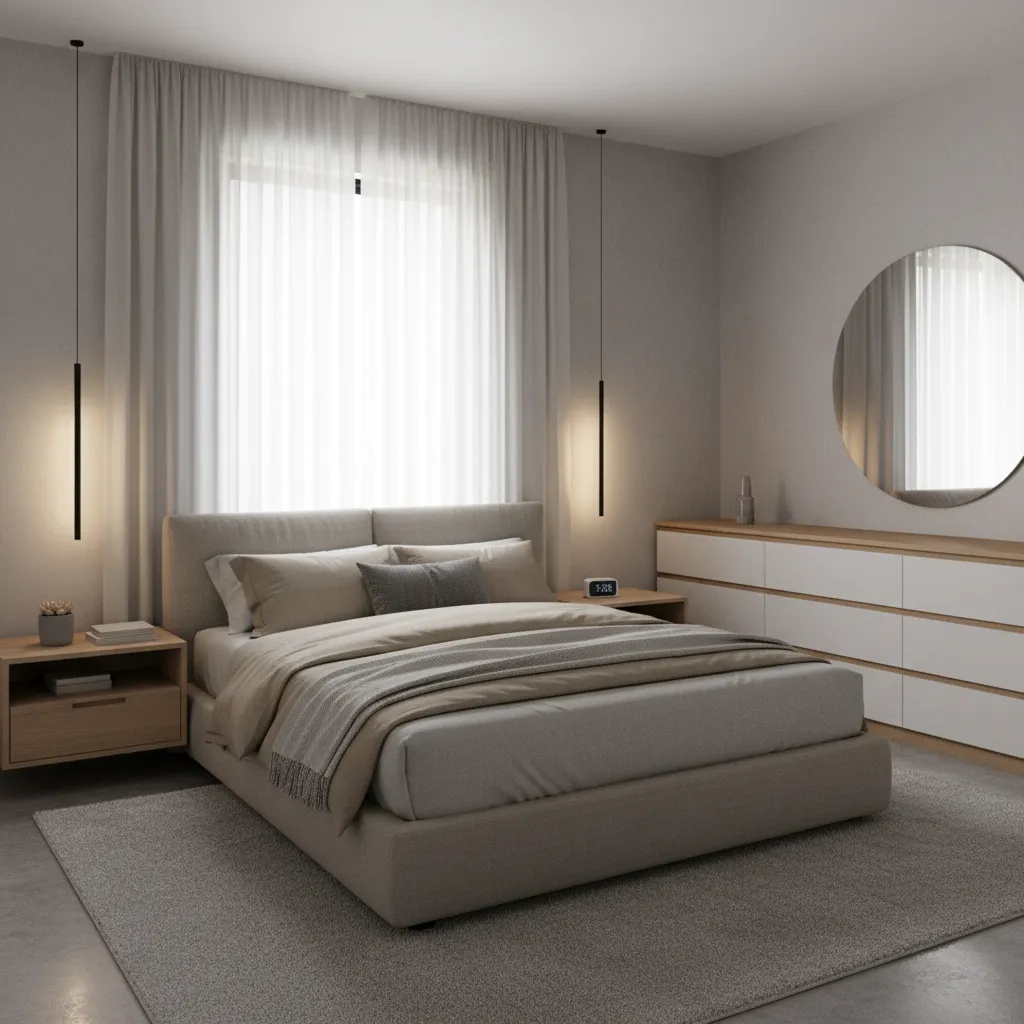 Compact bedroom using slim wall sconces instead of bedside lamps to save space