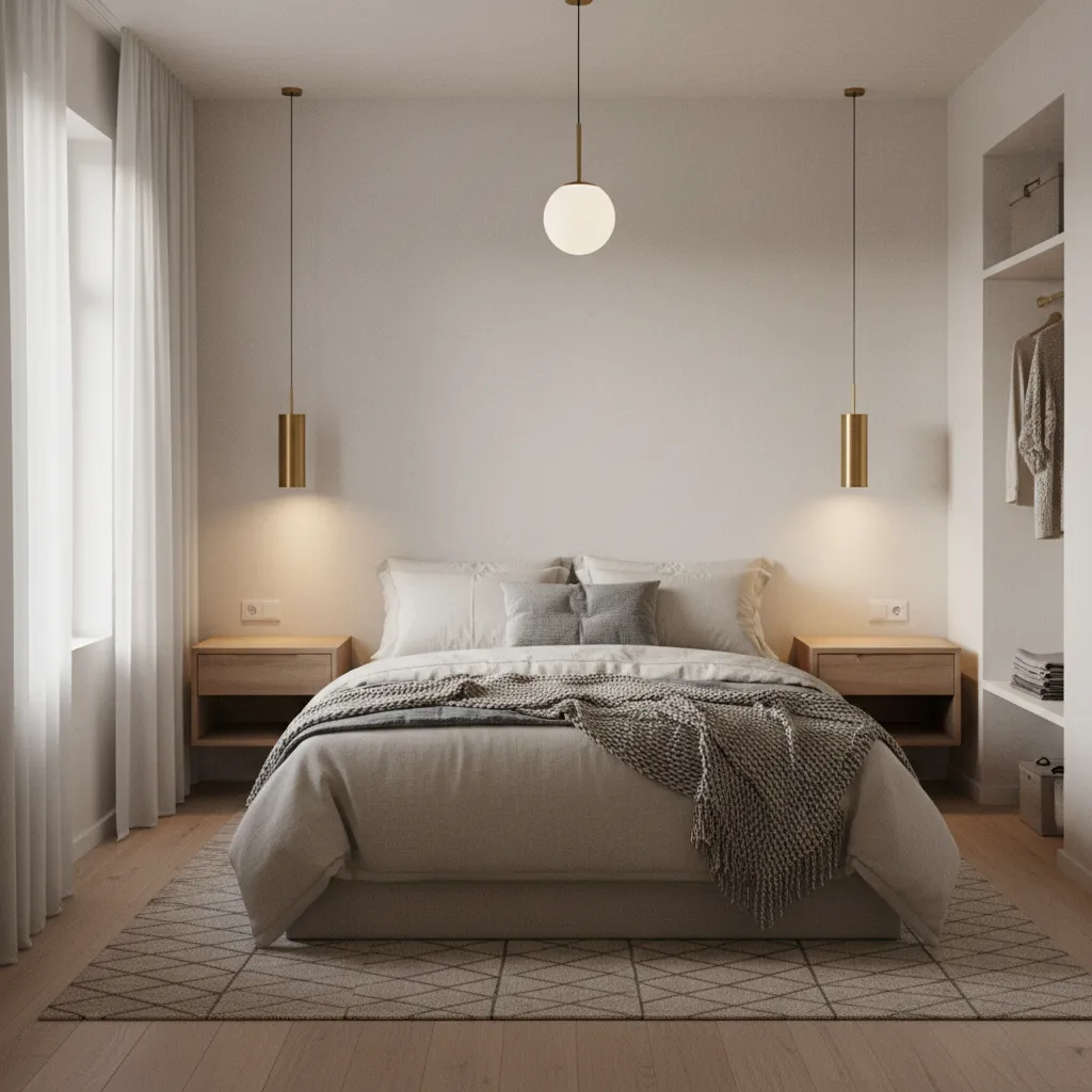 Compact bedroom using wall sconces instead of bedside lamps