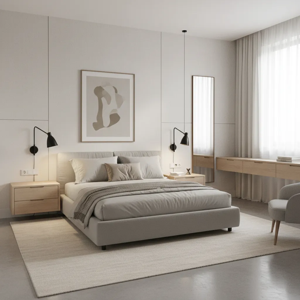 Small bedroom using wall sconces instead of bedside lamps