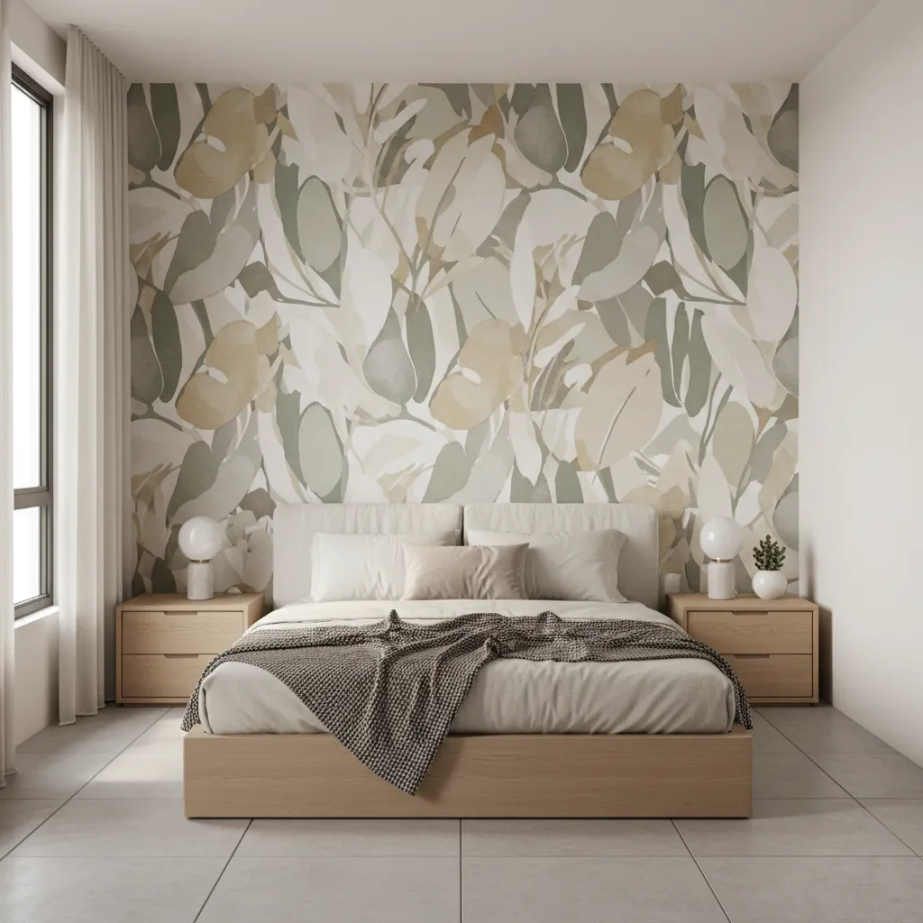 Small bedroom showing how large-scale wallpaper patterns create visual depth