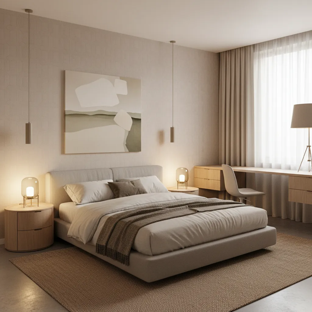 Small bedroom with wall sconces highlighting textured wallpaper