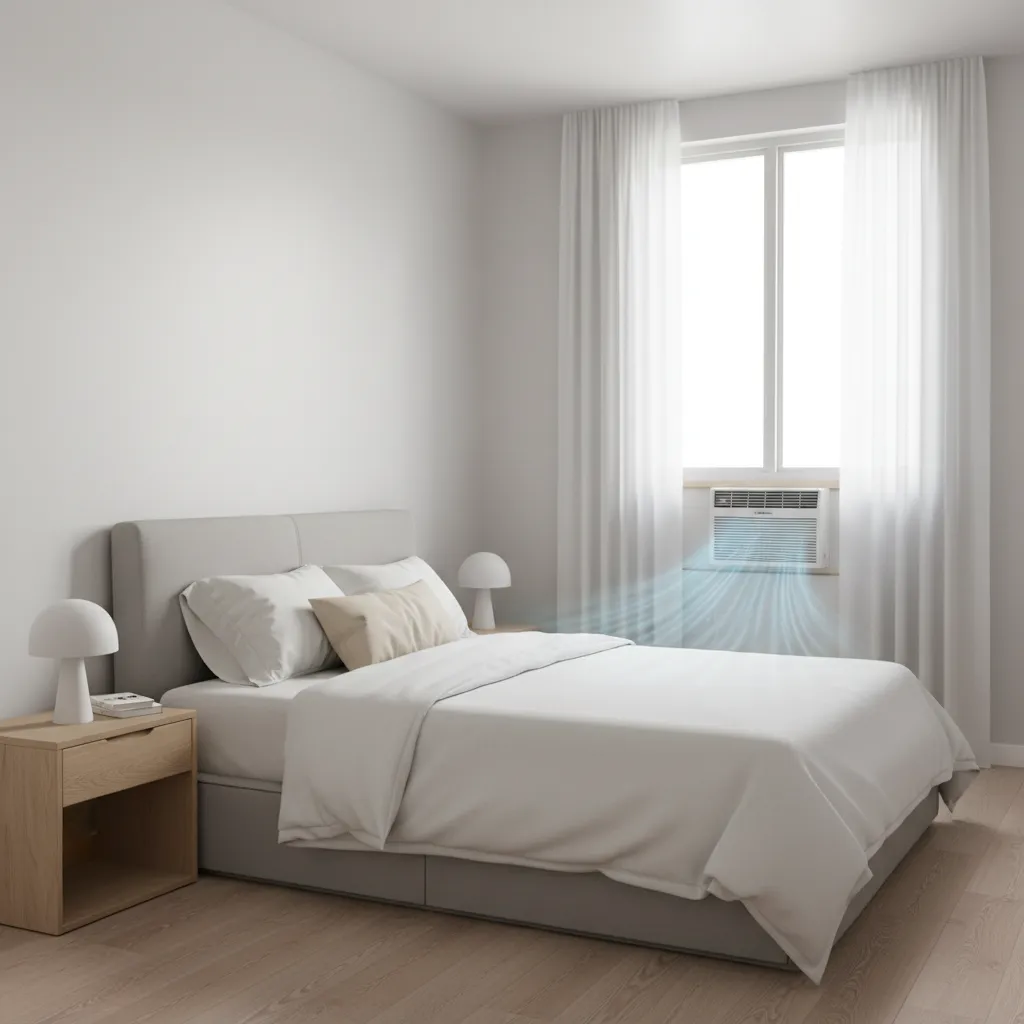 compact bedroom with window air conditioner cooling the space