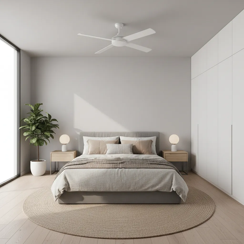 small bedroom with a 42 inch ceiling fan