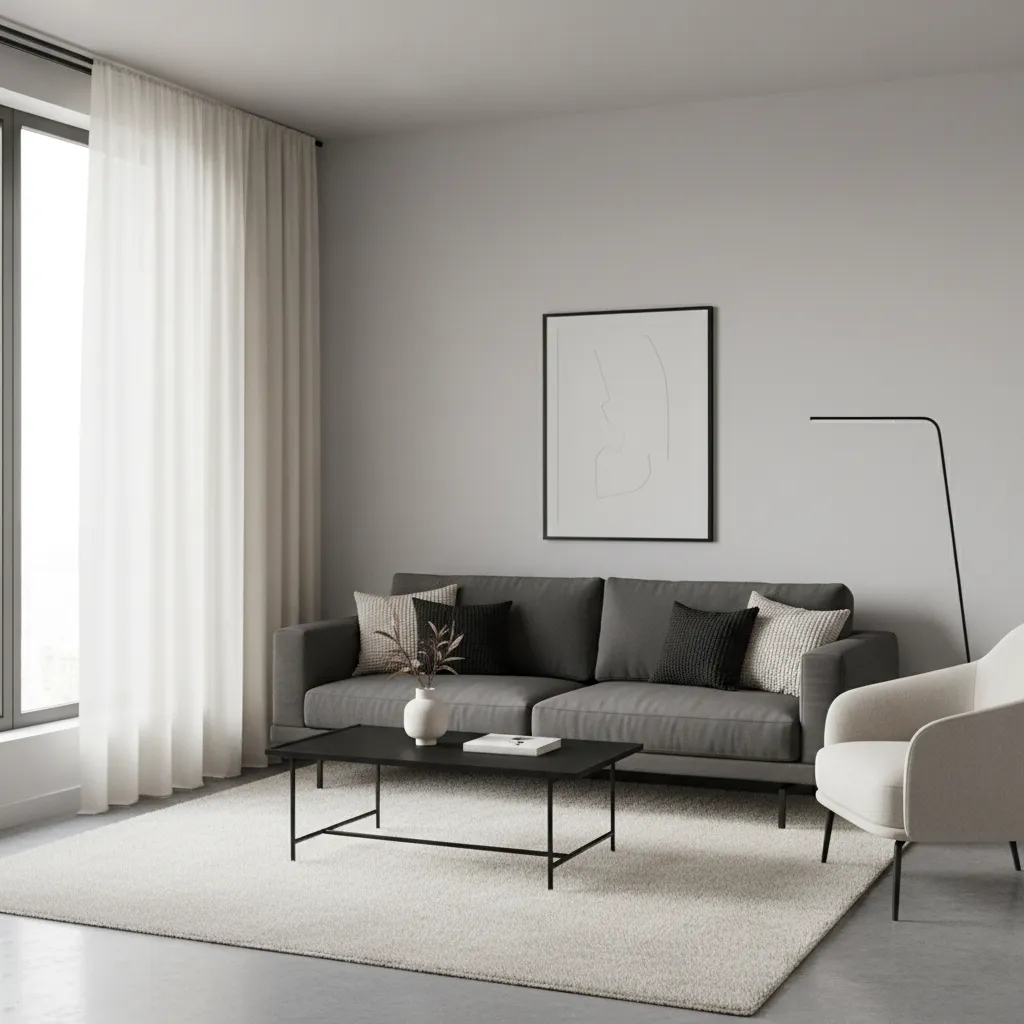Compact living room with black grey cream palette and natural lighting