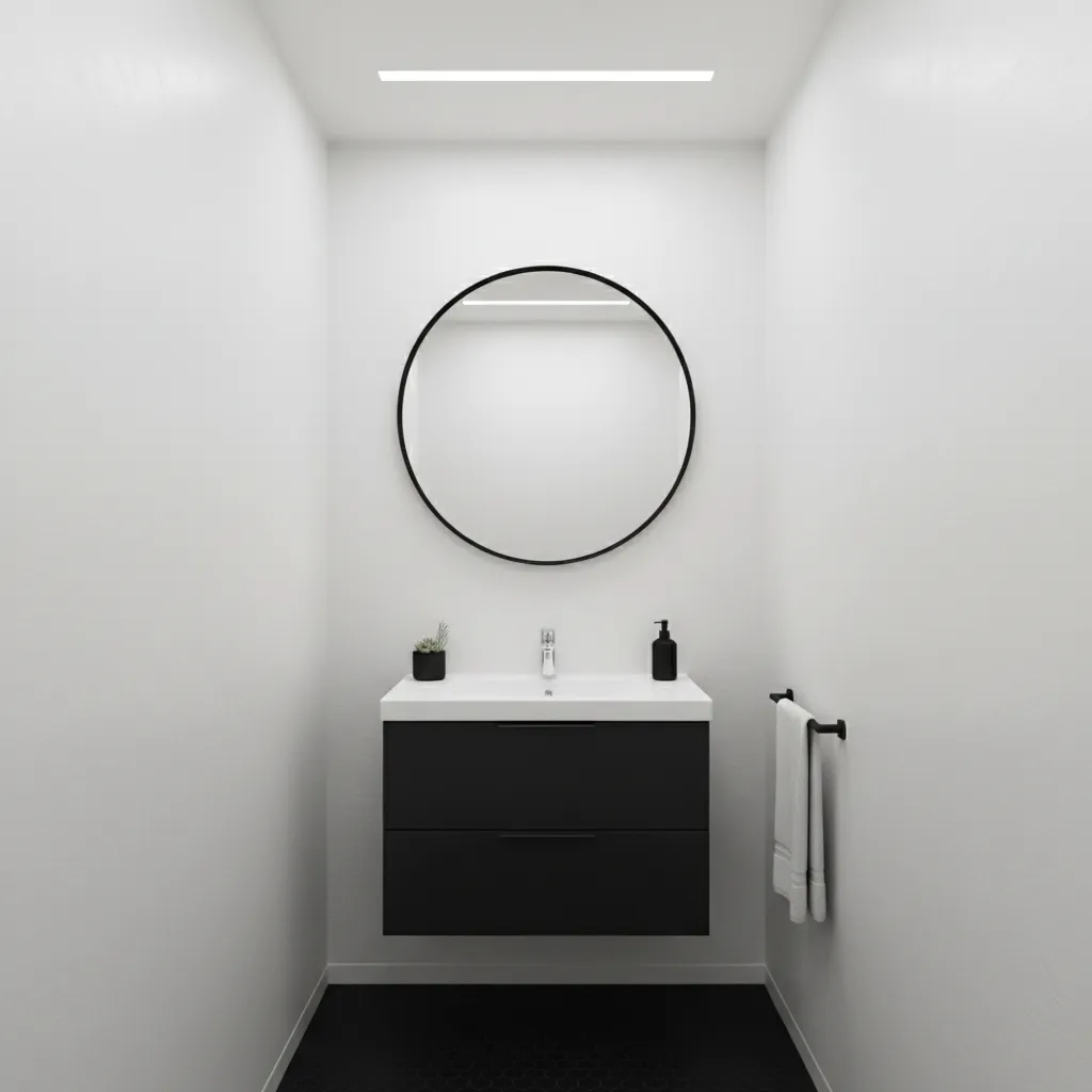 Small bathroom with white walls black vanity and minimalist design