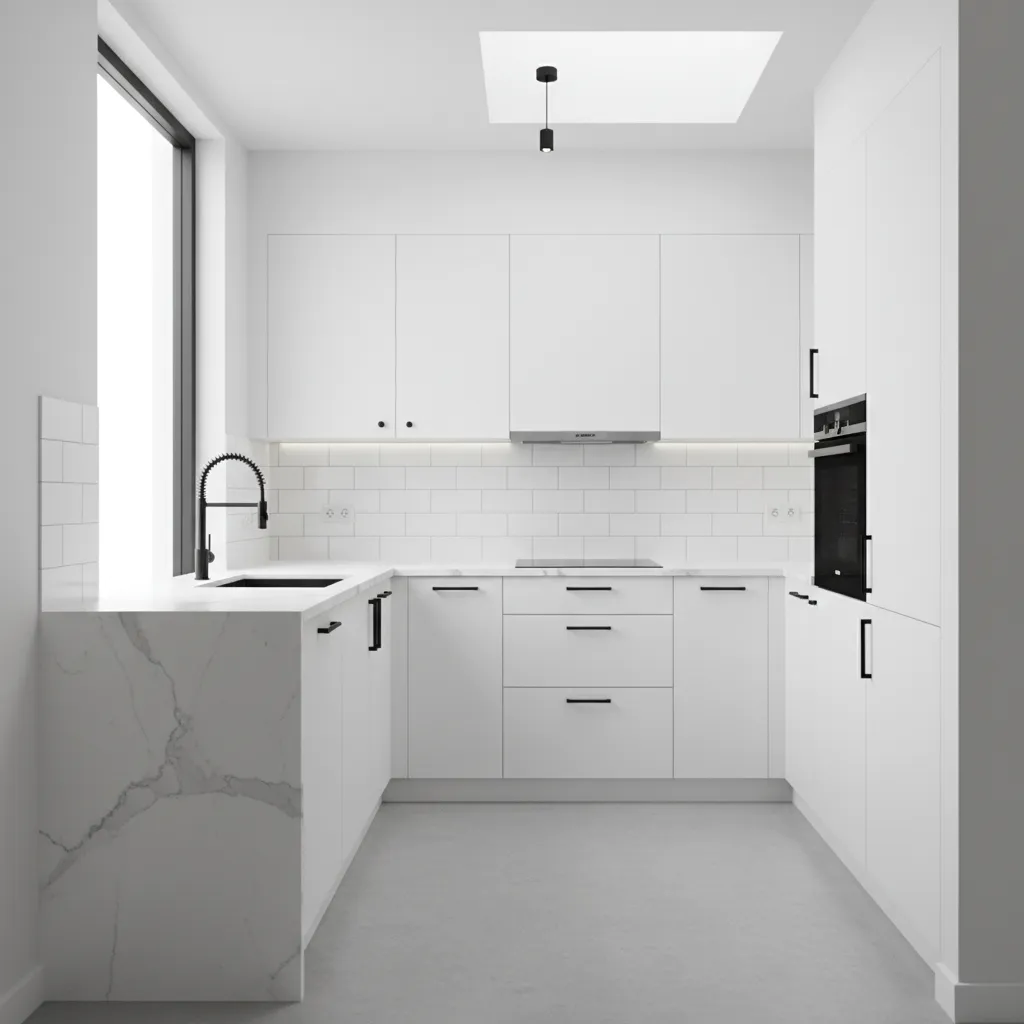 small black and white kitchen with white cabinets and black accents