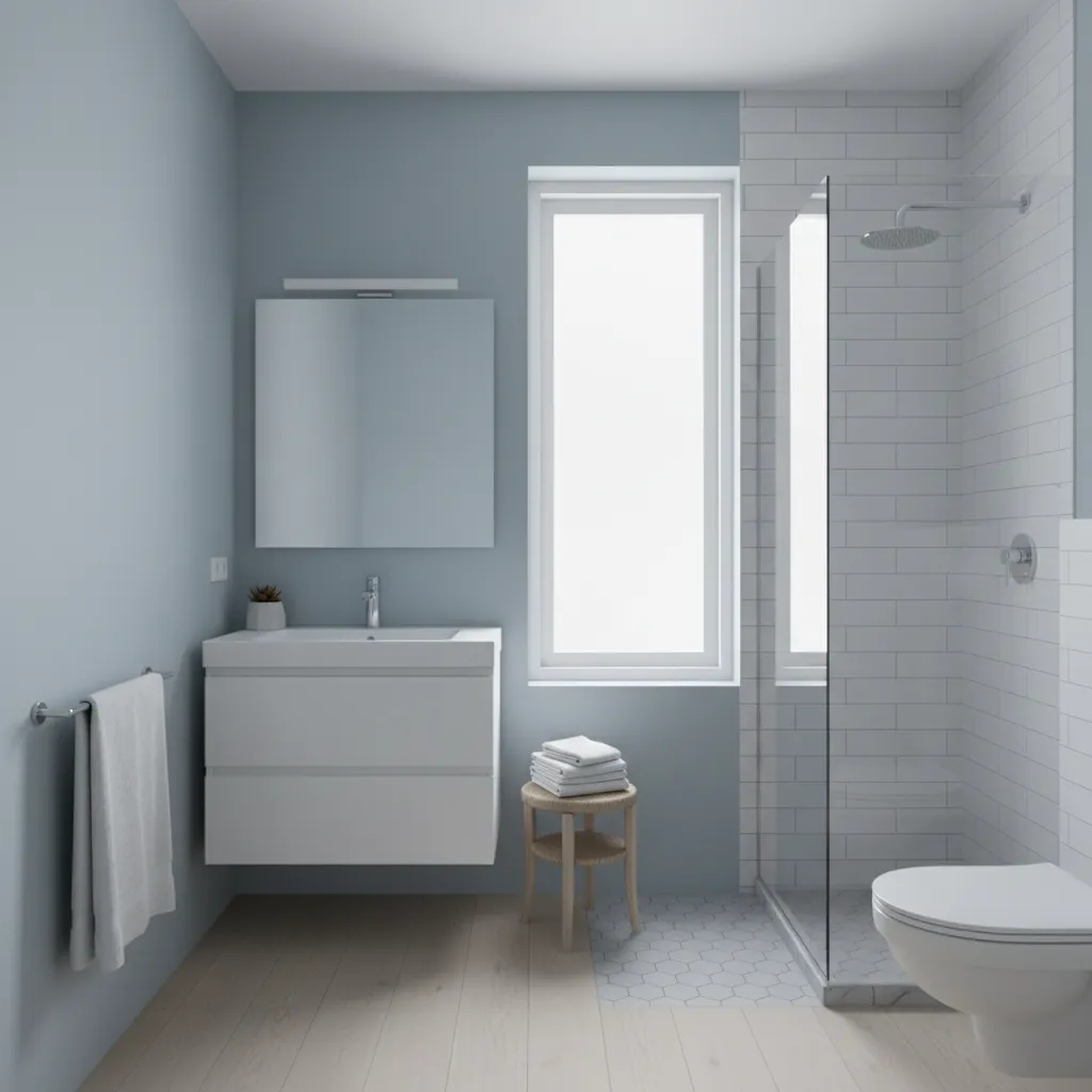 Compact bathroom with soft blue walls, white fixtures and natural light