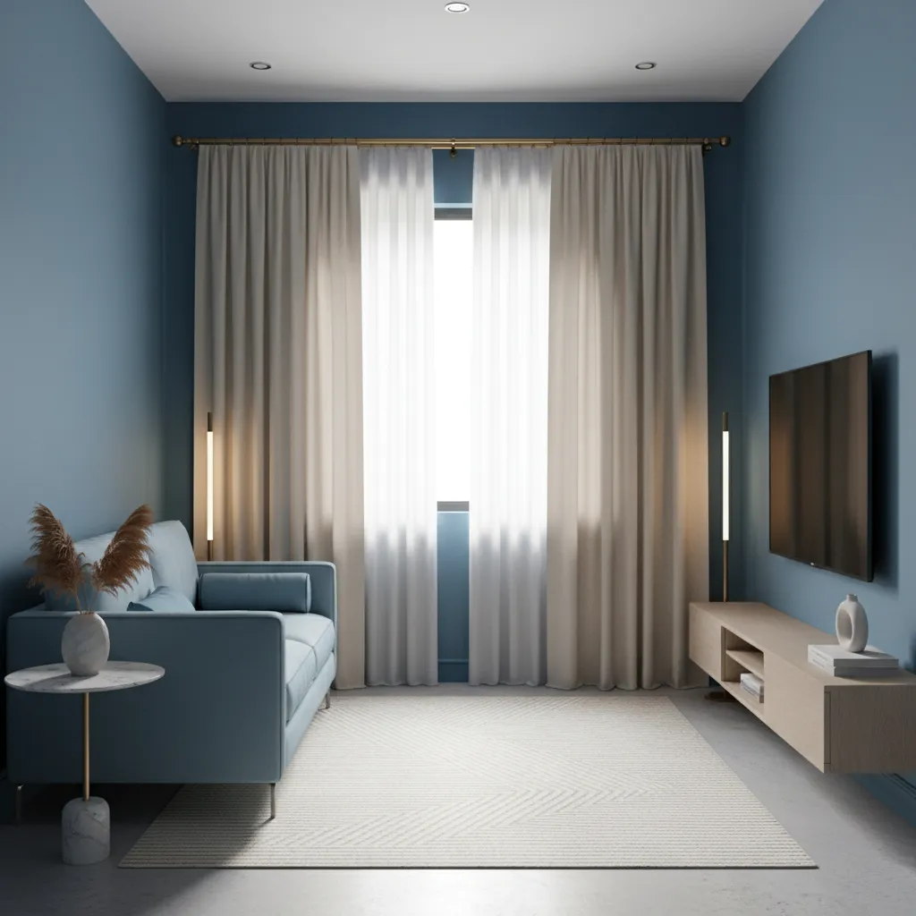 Small blue living room appearing larger with floor length light curtains