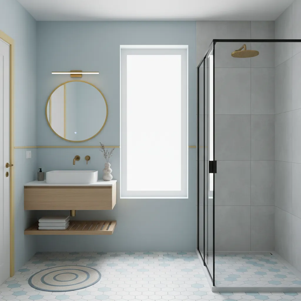 Small Bathroom Optimization with Blue and Yellow Design