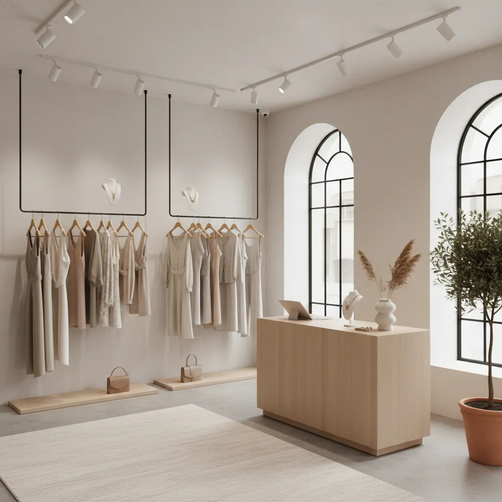 Diseño de una pequeña boutique con estilo minimalista