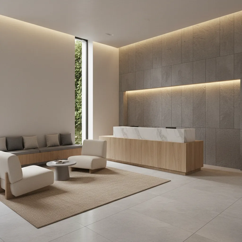 compact boutique hotel lobby interior with reception desk and seating area