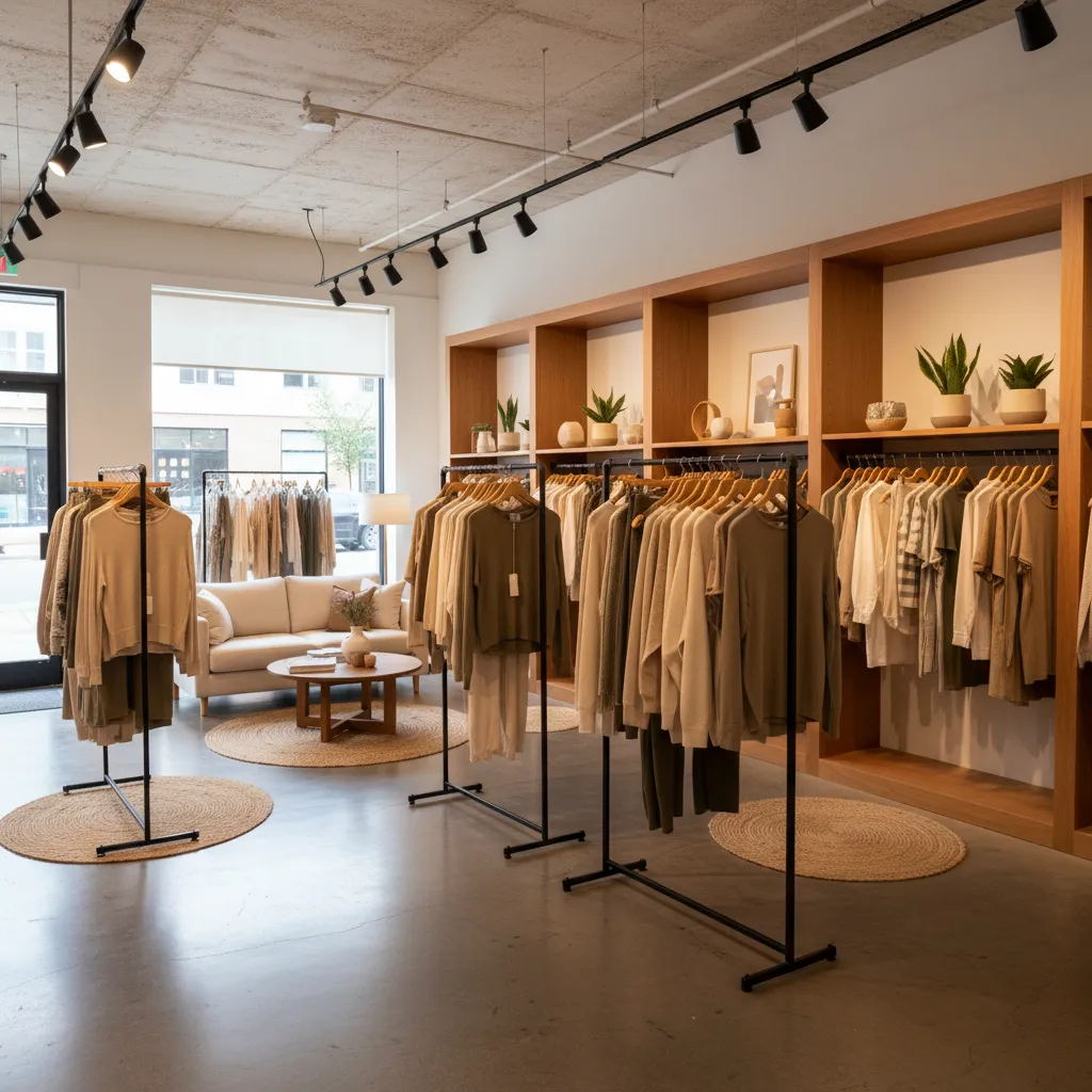 Pequeña boutique con expositores minimalistas y espacio despejado