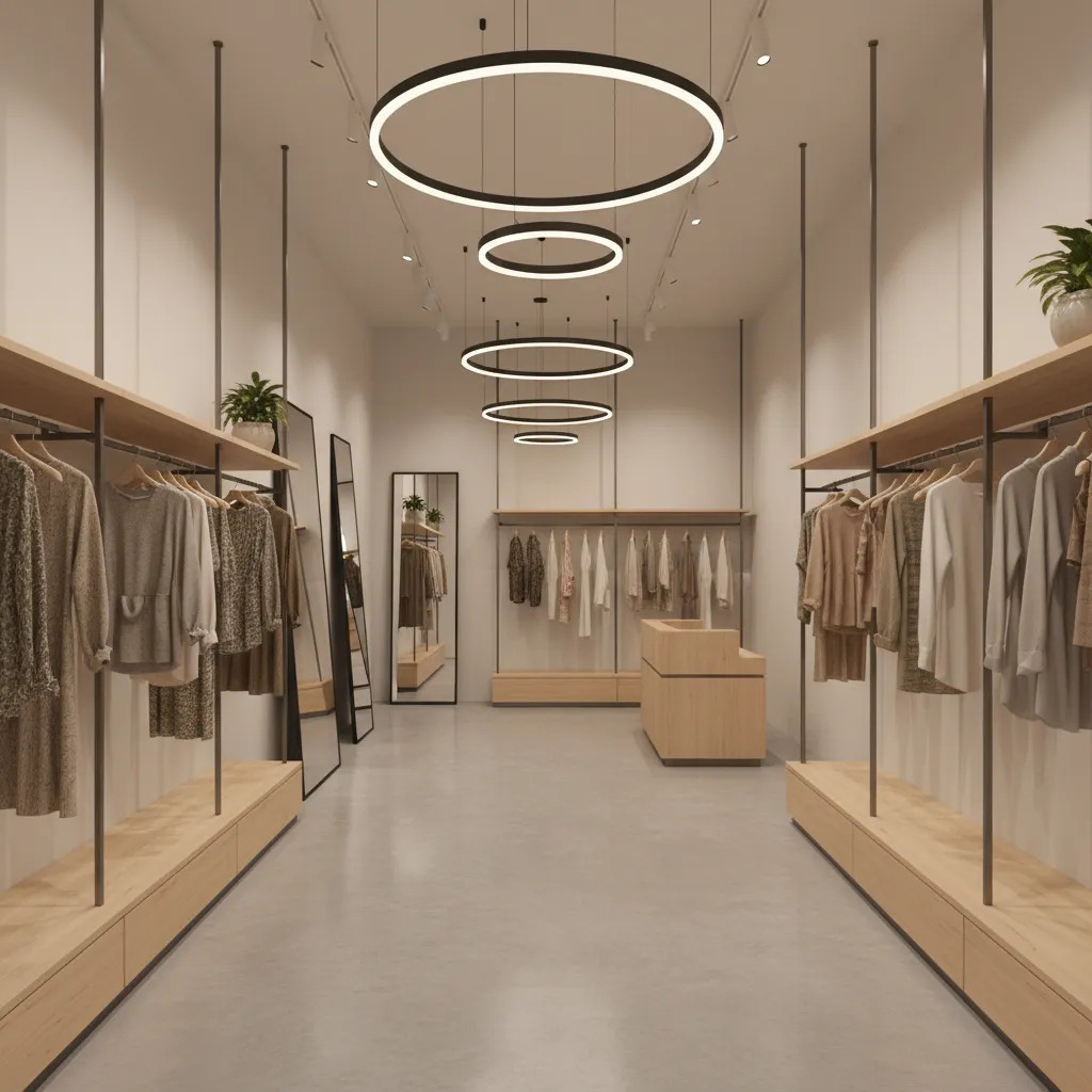 small boutique interior layout with clear walkway and wall displays