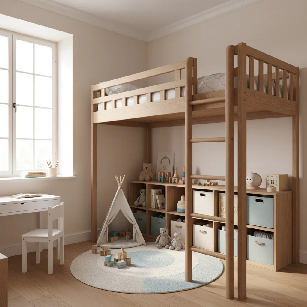 Small boys bedroom with loft bed and play area underneath