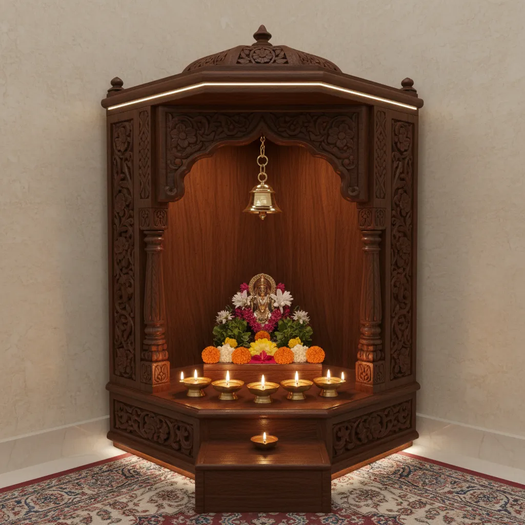 Small brass bell hanging in a wooden home pooja mandir