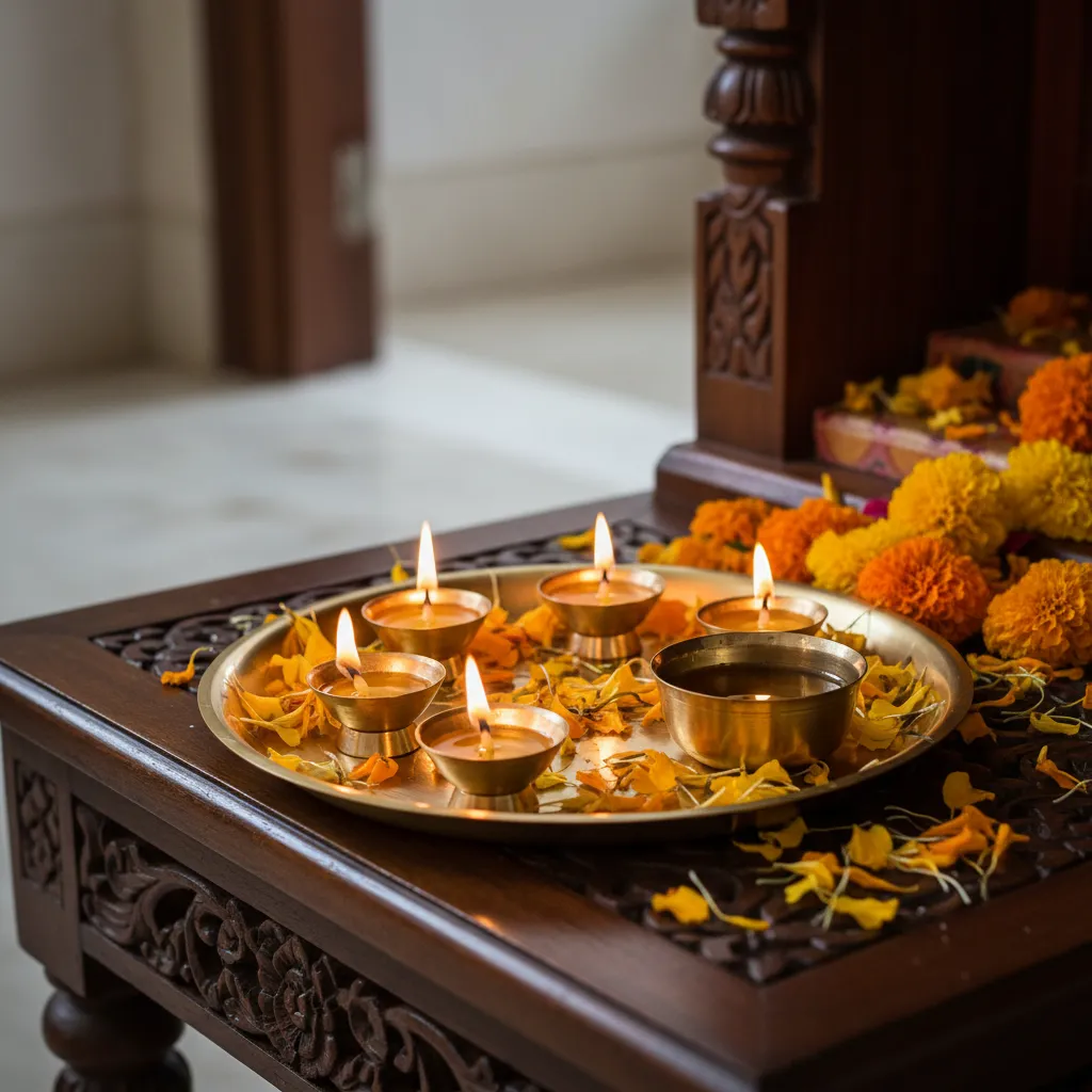 small brass plate with diya cotton wicks and flowers arranged for pooja