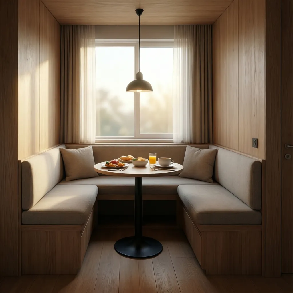 Small breakfast nook with banquette seating and compact pendant light