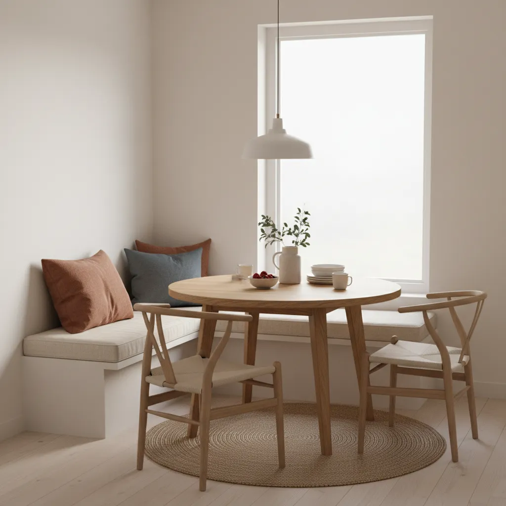 small breakfast nook with centered pendant light over round table near window
