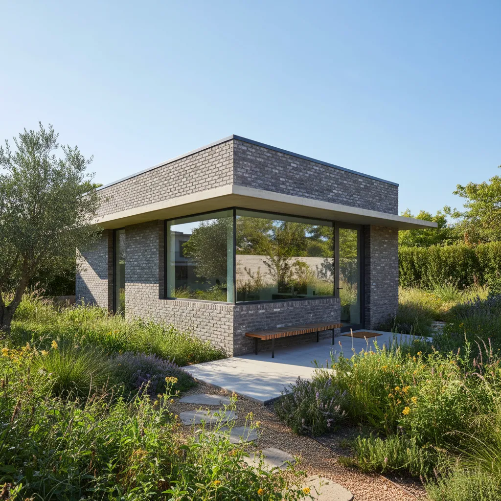 Pequeña casa de ladrillo con diseño moderno y funcional