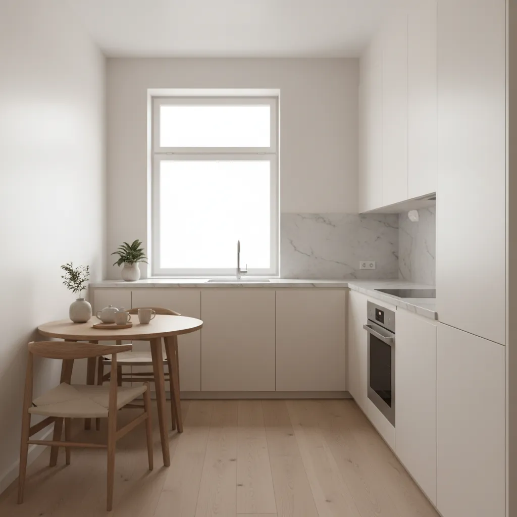 Bright minimalist kitchen with white cabinets wooden floor round dining table two chairs and window