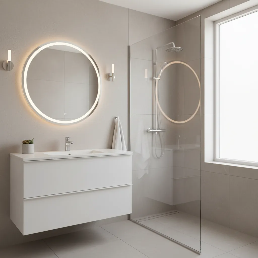 Completed small modern bathroom with vanity, mirror, lighting and shower