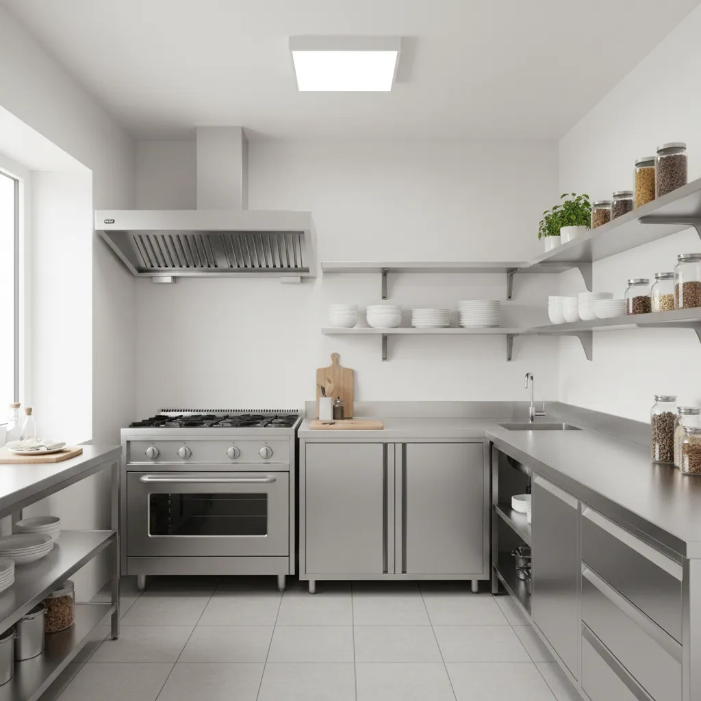 compact commercial kitchen setup for small cafe with limited equipment