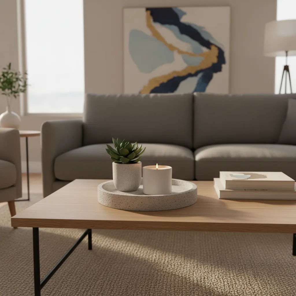 Coffee table styled with tray plant and books in a budget decorated room