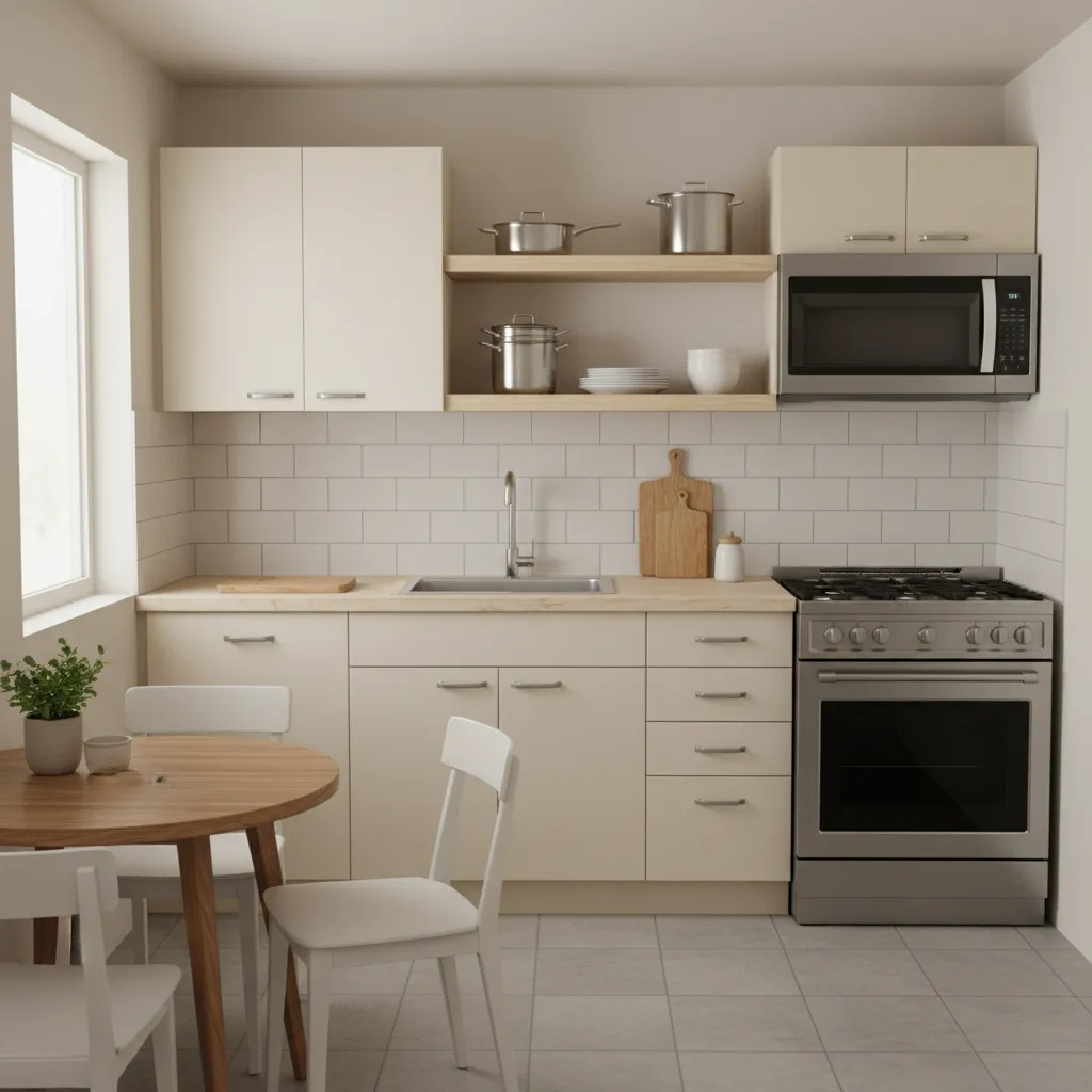 Small kitchen with cream cabinets wooden dining table white chairs gas stove and a microwave