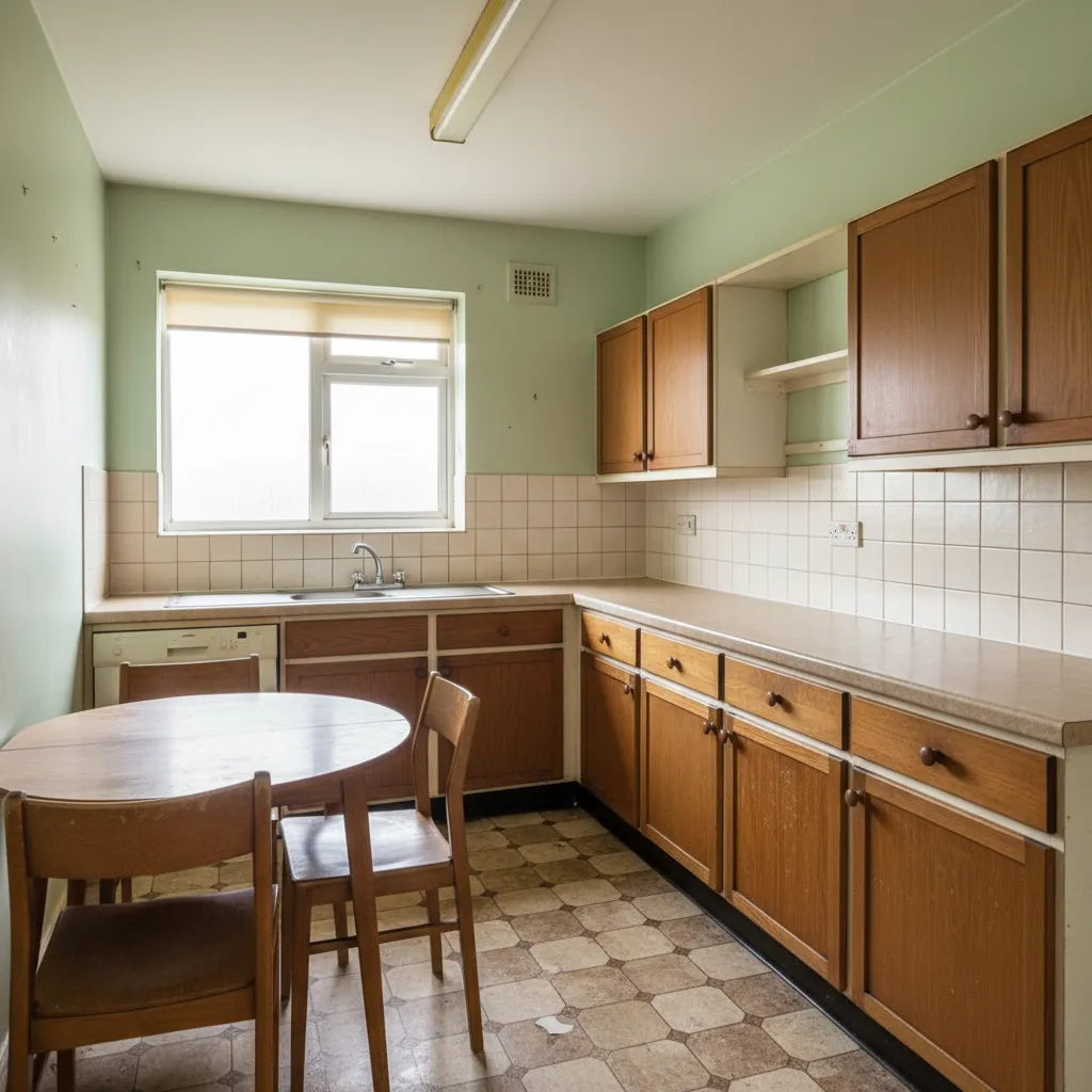 Small outdated kitchen before a budget remodel with old cabinets and limited lighting