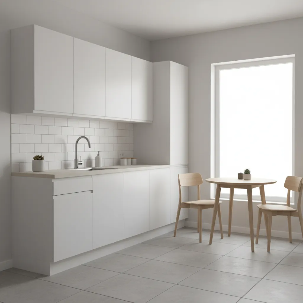 Small modern budget kitchen with simple cabinets and clean layout