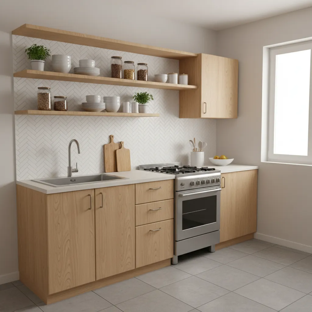 small simple family kitchen with basic cabinets and open shelving