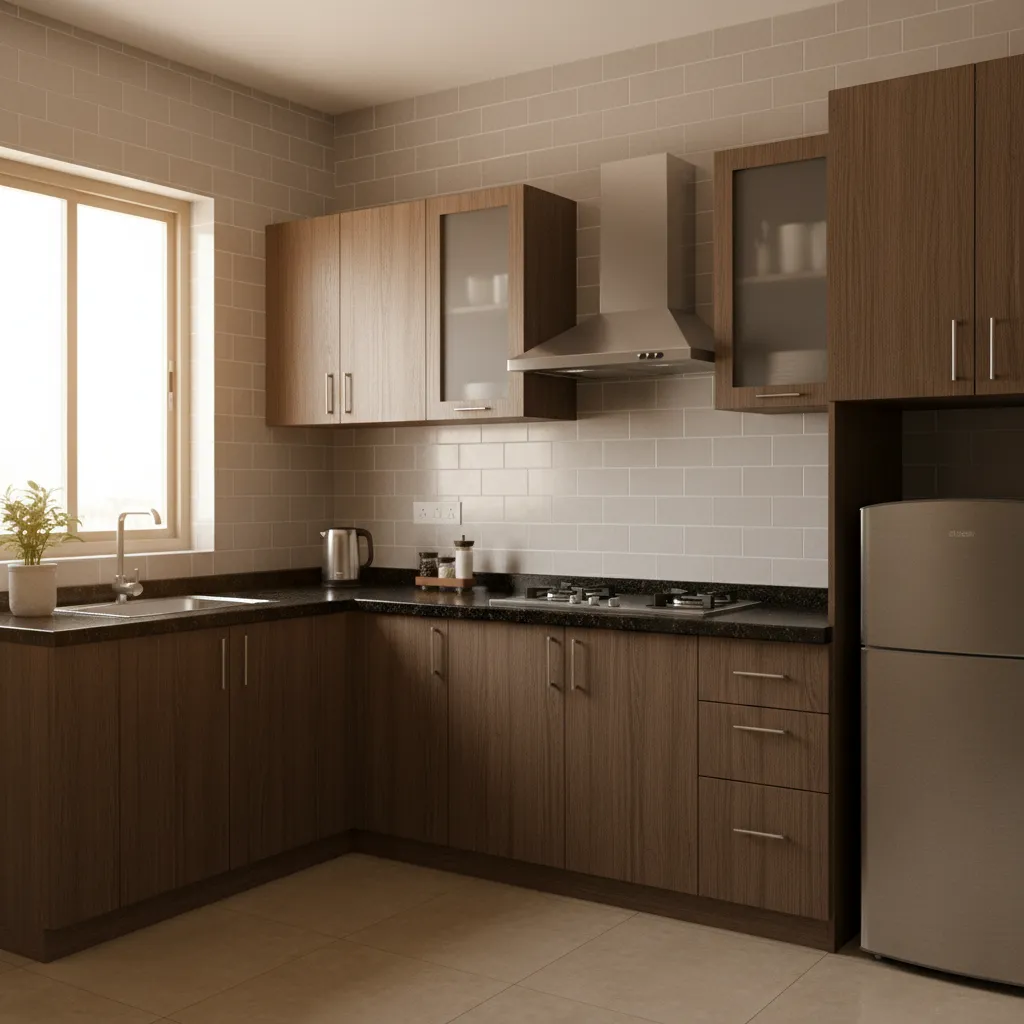Small modular kitchen with laminate cabinets and granite countertop