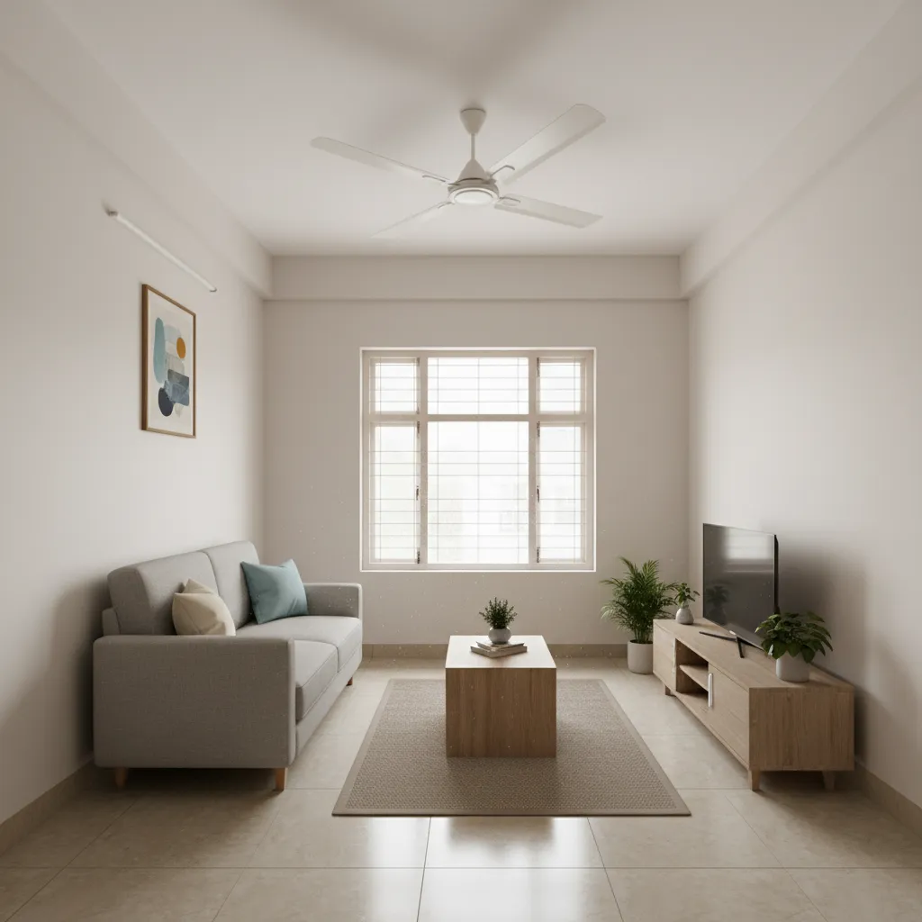 Interior of a small budget rental house living room typical in Pallikaranai