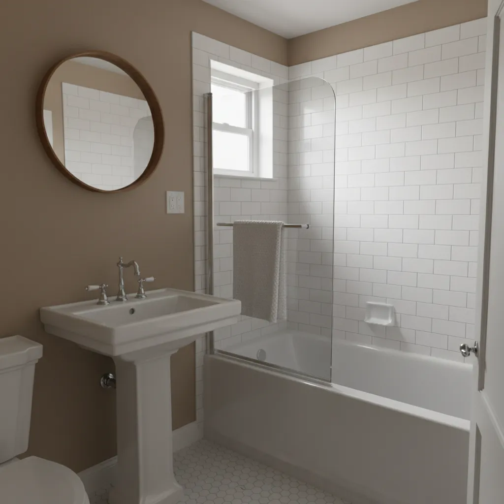 Small bungalow bathroom interior with compact layout and neutral design