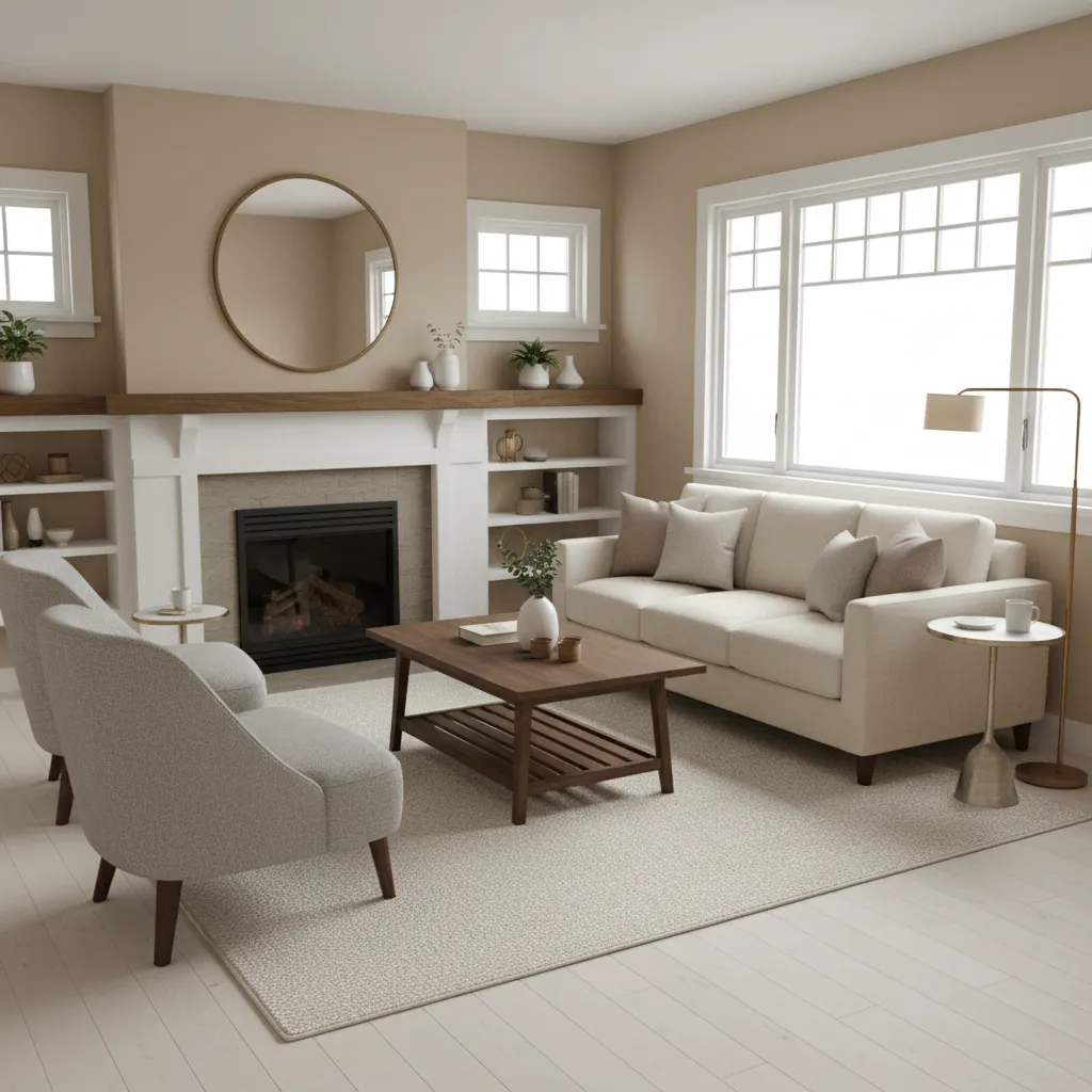 Small bungalow living room furniture arrangement with sofa and two chairs