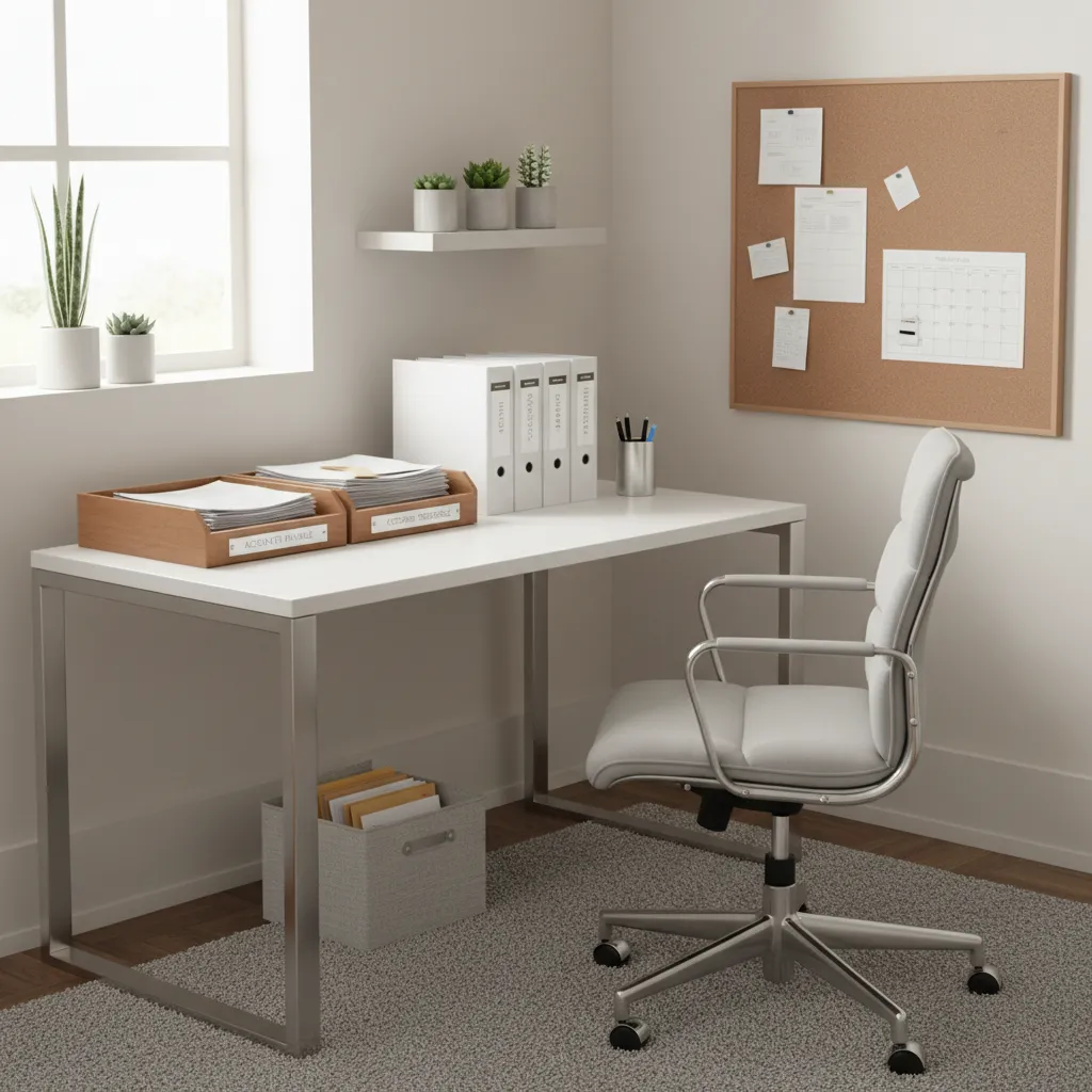Small business owner mail station with invoice folders and document trays