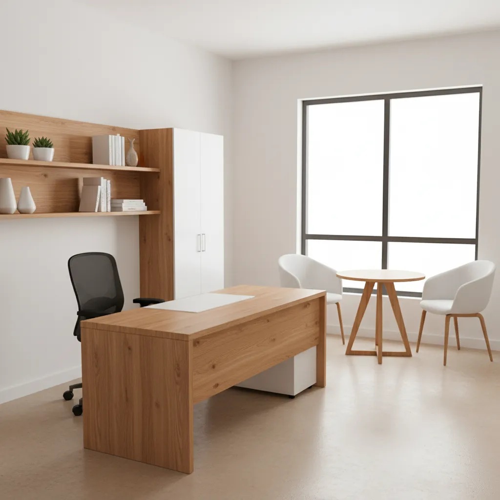 small business one room workspace interior overview with desk seating and shelving