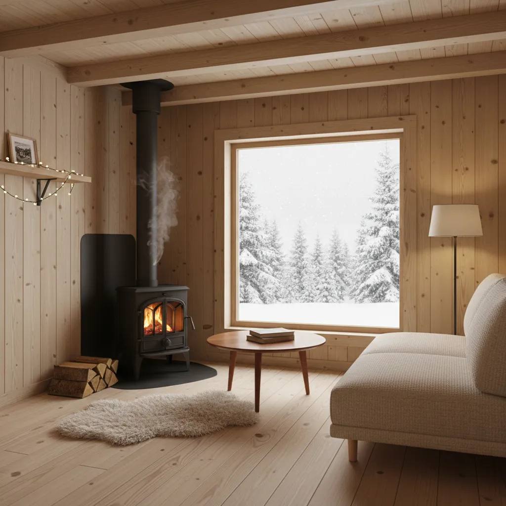 small cabin living room heated by a compact wood stove